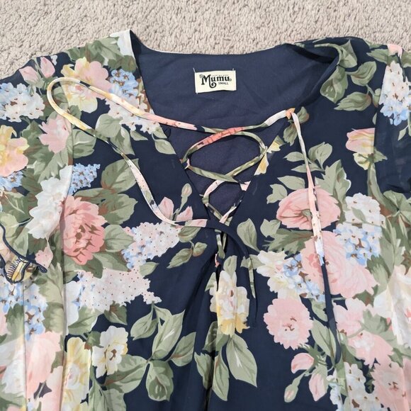 Show Me Your Mumu Small Kylie Lace Up Dress Blue with Pastel Floral - Picture 4 of 8